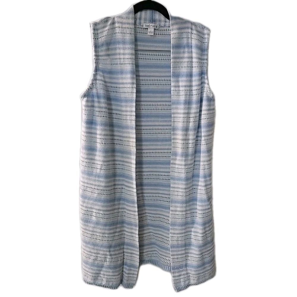 Belford Pima Cotton Blue White Open‎ Knit Cardigan Womens Size Large